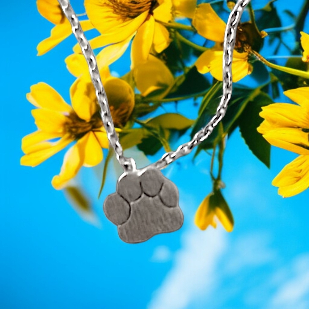 Mini Paw Print Necklace Pendant Dainty Delicate Silver Tone Cat Dog Kitten Puppy